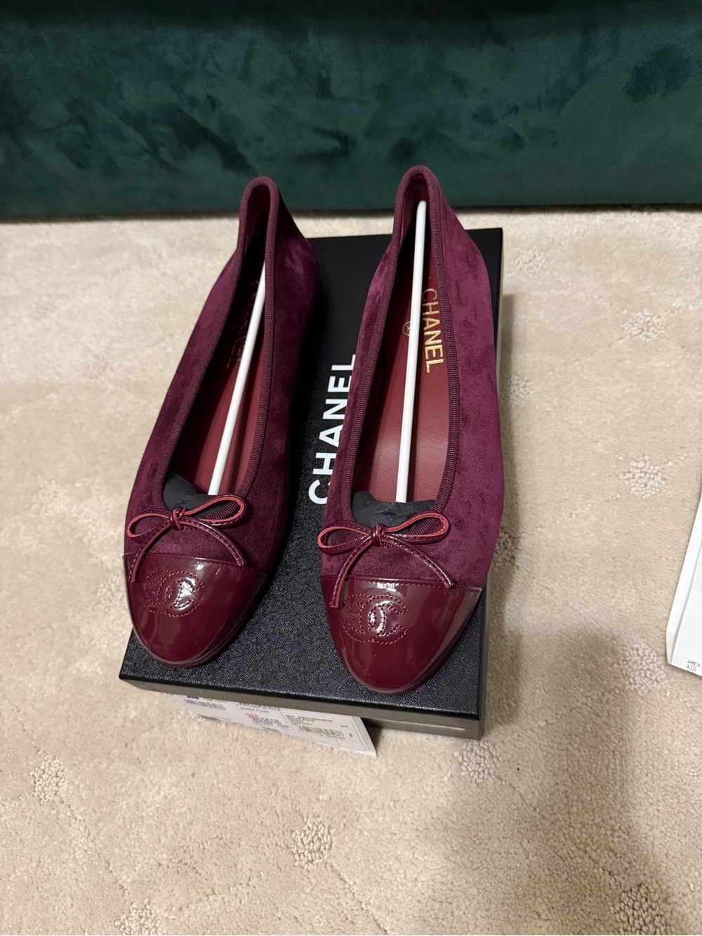 CHANEL Burgundy Suede & Patent Cap-Toe Ballet Flats with Bow